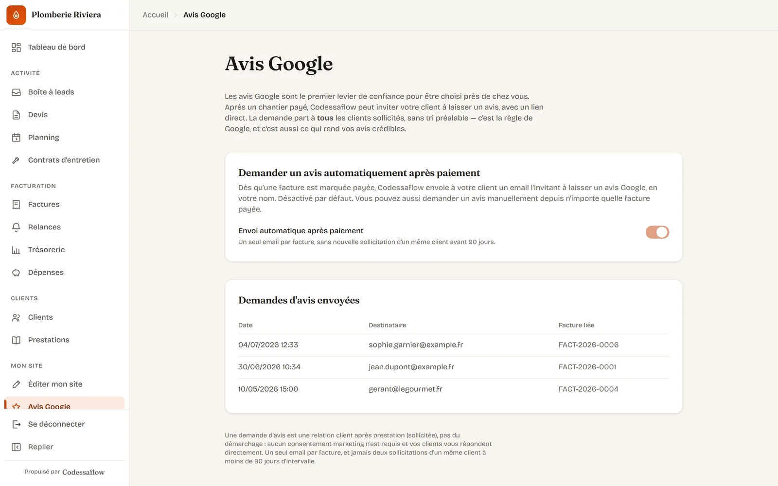 Écran Avis Google du cockpit CodessaFlow pilotant les demandes d'avis envoyées après paiement.