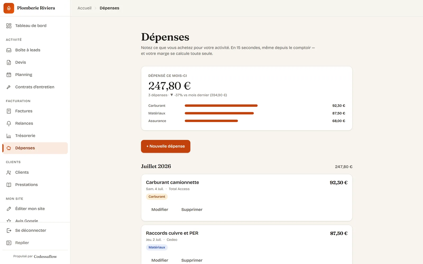 Écran Dépenses du cockpit CodessaFlow avec catégories et calcul de la marge du mois.